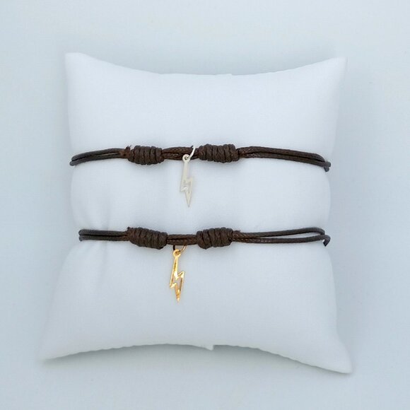 Lightning Bolt Bracelet Adjustable Gold or Silver Charm, Silky Brown Cord - Picture 4 of 4